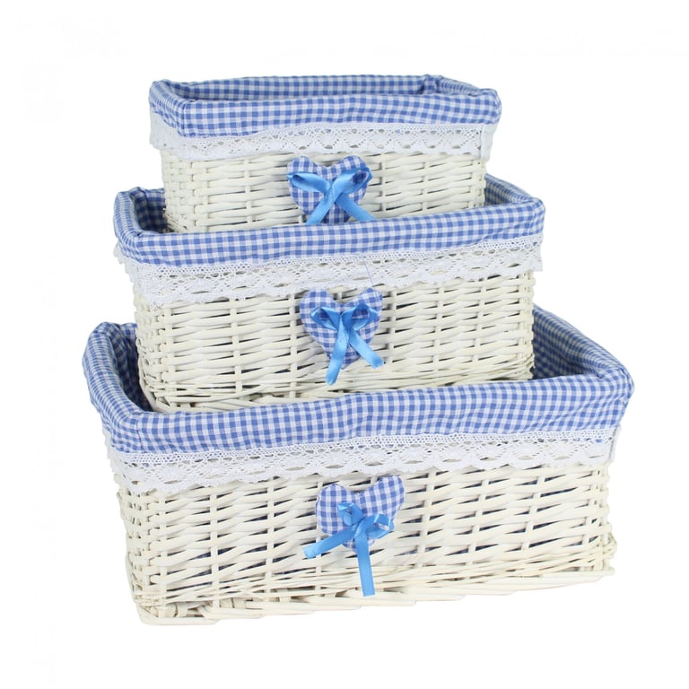 White Basket Set with Blue Liner - Indoor Storage Solution for Home Decor and Kitchen Organization