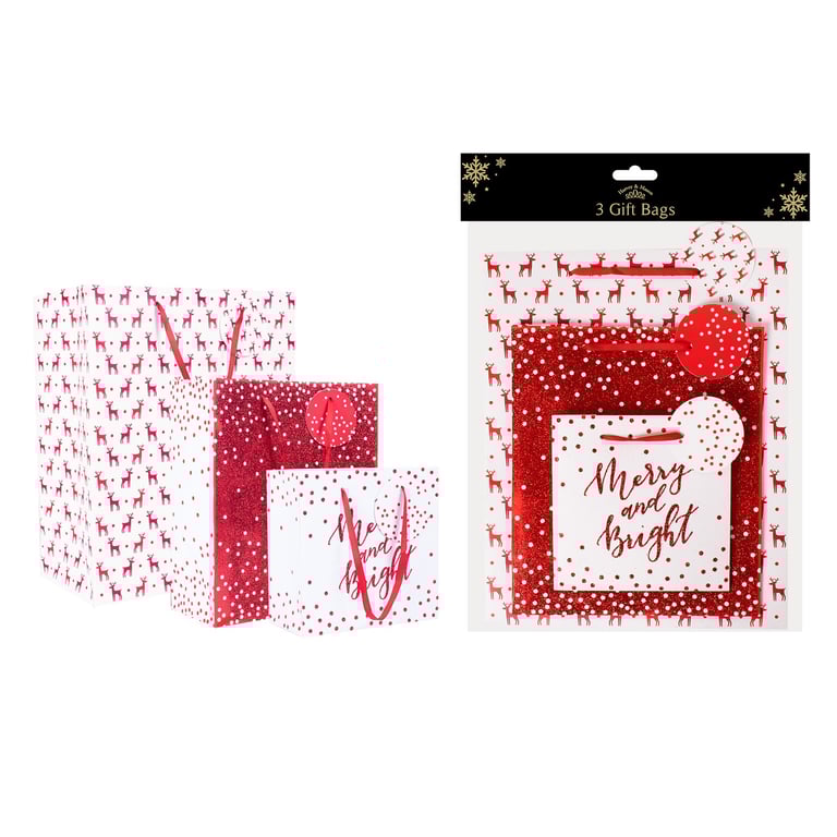 Red Reusable Christmas Gift Bags - Pack of 3 Holiday Wrapping Bags