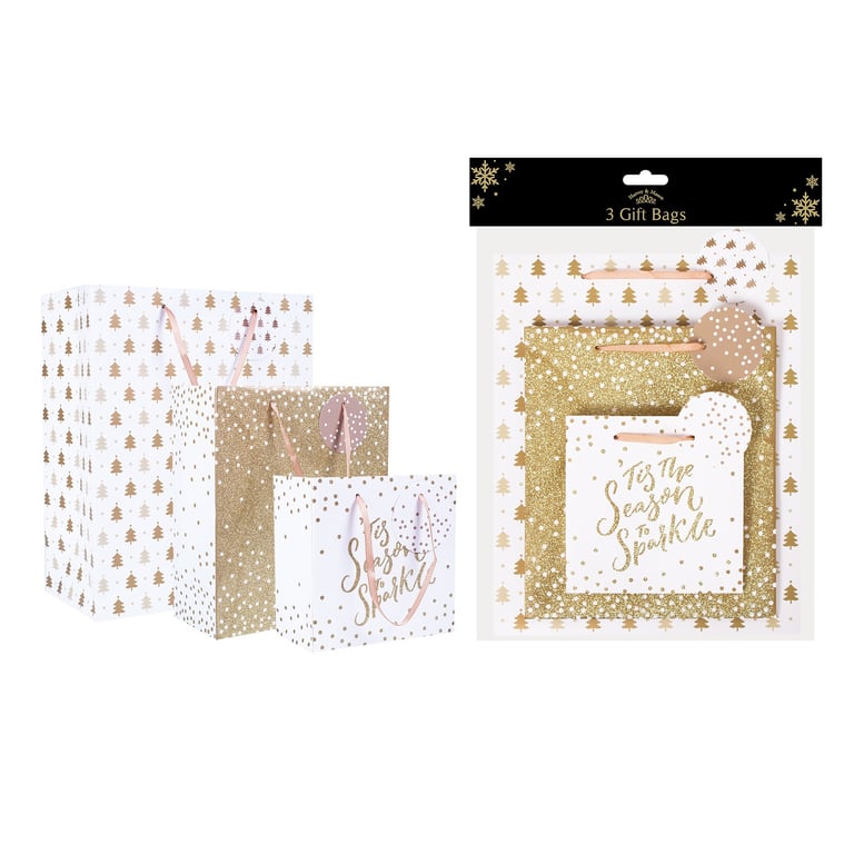 Gold Christmas Gift Bags - Festive Gift Wrapping Set of 3 Ornamental Gold-Filled Gift Boxes
