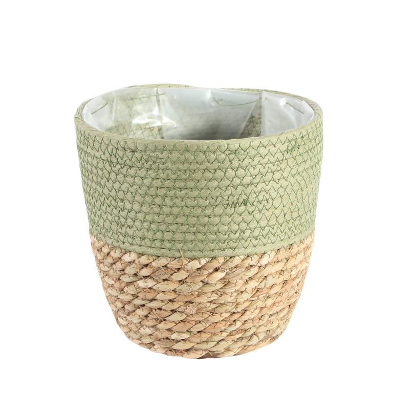 19cm Round Two Tone Seagrass and Green Paper Wicker Basket - Home Decor Gift