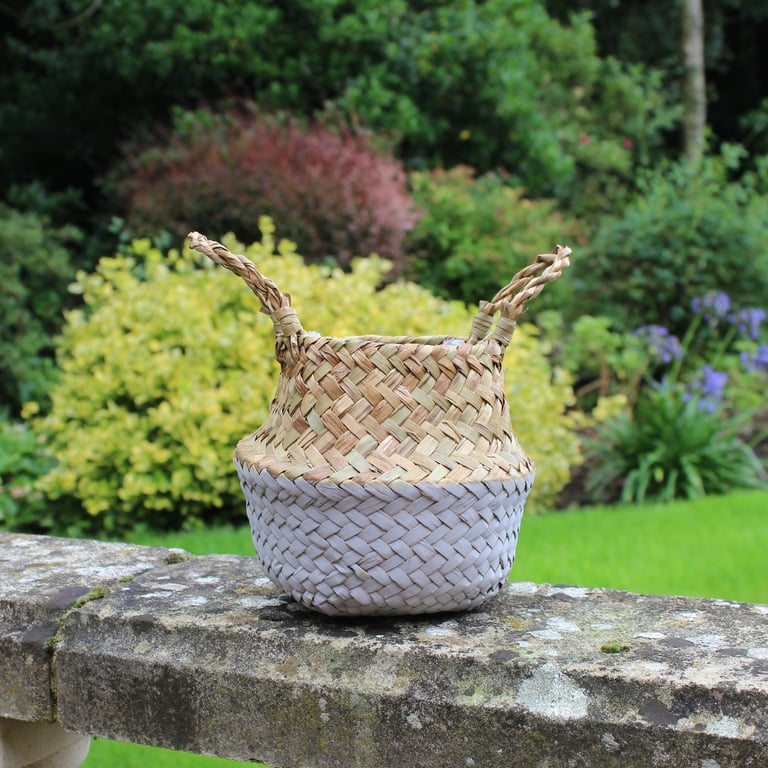 Grey & Natural Two Tone Woven Belly Basket - Rustic Home Decor Storage