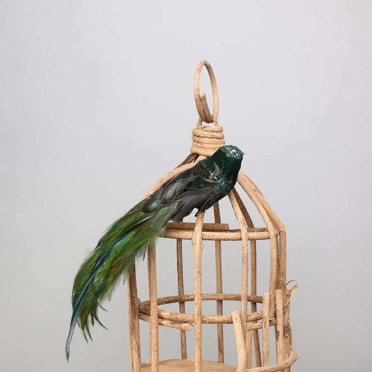 Vintage Green Velvet Bird Ornament with Clip - Home Decor Garden Decoration
