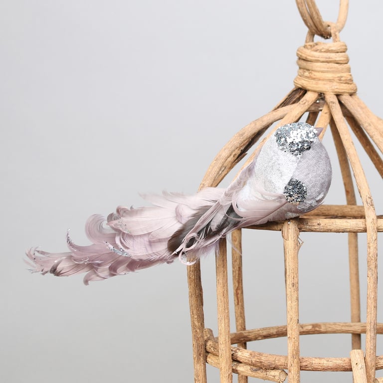Silver Showfeather Bird with Decorative Clip - Ornamental Home Decoration