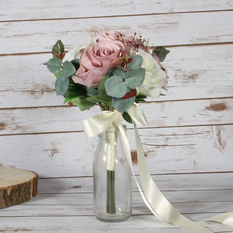 Small Ava Rose Bouquet with Fresh Seeded Eucalyptus - Home Decor Flower Arrangement