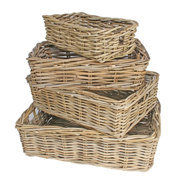 Natural Rectangular Cane Baskets - Set of 4 Rustic Home Decor & Indoor Plant Baskets