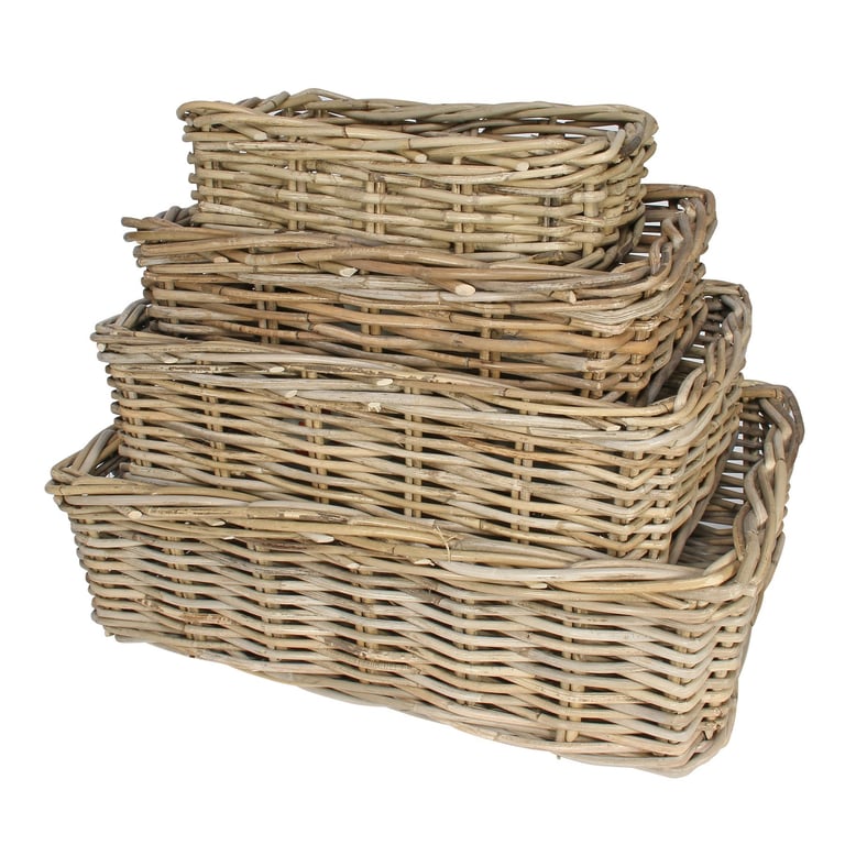 Natural Rectangular Cane Baskets - Set of 4 Rustic Home Decor & Indoor Plant Baskets