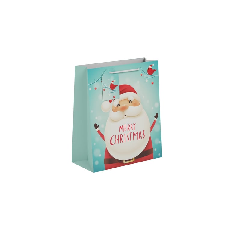 Cute Santa Gift Bag - Medium Light Blue Festive Holiday Gift Wrapping Bag