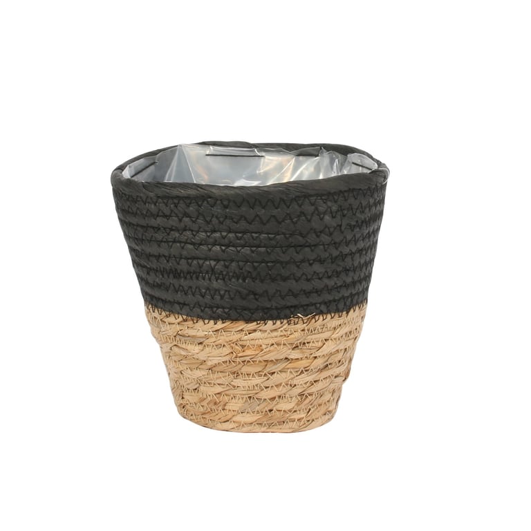 Round Two Tone Seagrass and Black Paper Basket - Rustic Home Decor Accent