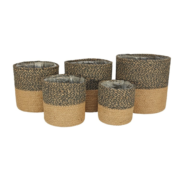 Natural Fiber Jute Basket Set of 5 with Liner - Two Tone Home Decor Baskets