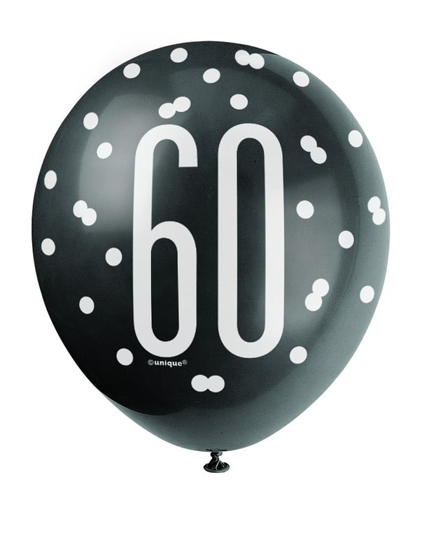60th Birthday Assorted Black and Silver All Over Print Latex Balloons - Party Decoration Balloons