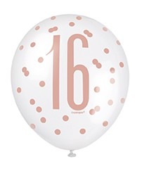 Rose Gold and White All Over Print 16th Latex Balloon - Perfect for Birthday or Anniversary Celebrations
