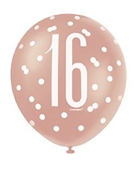 Rose Gold and White All Over Print 16th Latex Balloon - Perfect for Birthday or Anniversary Celebrations