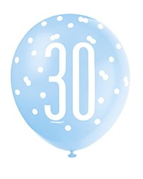 Assorted All Over Print Blue and Silver 30th Latex Balloon Set - Party Decorations