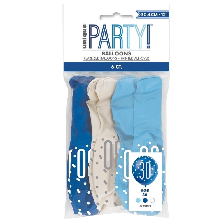 Assorted All Over Print Blue and Silver 30th Latex Balloon Set - Party Decorations