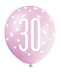 30th Birthday Assorted All Over Print Pink and Silver Latex Balloon - Party Decoration