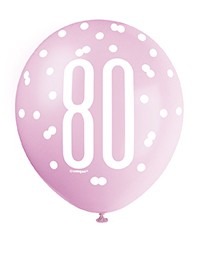 Assorted All Over Print Pink and Silver 80th Birthday Latex Balloon - Party Decorations for Celebration