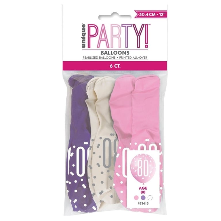 Assorted All Over Print Pink and Silver 80th Birthday Latex Balloon - Party Decorations for Celebration