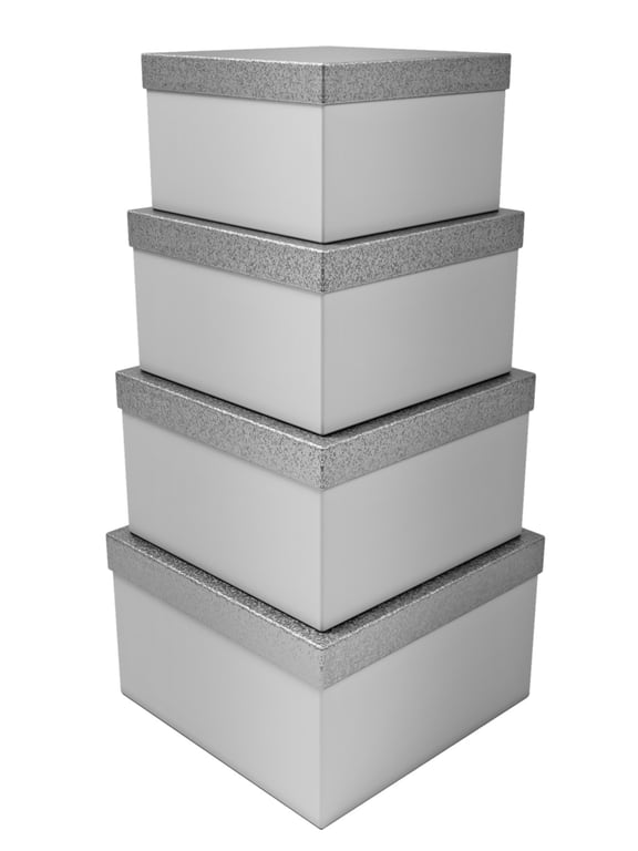 Silver Square Box Set with Glitter Lid - 4-Piece Home Decor and Cosmetic Gift Set