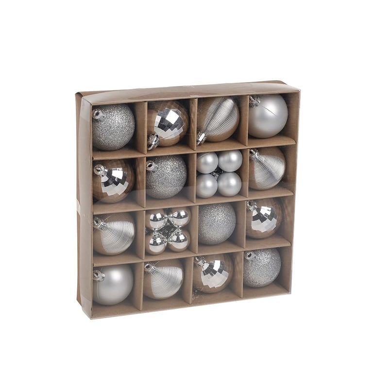 Silver Baubles Assorted Pack - 30 Pieces of Decorative Ornaments for Home and Christmas Decoration