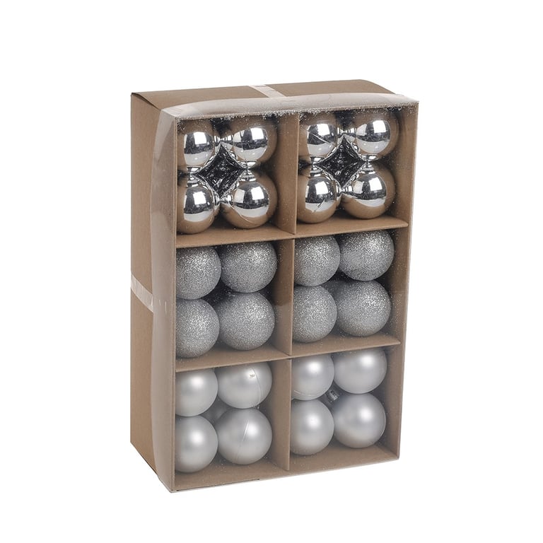 Silver Baubles Assorted Pack - 48 Festive Decorations for Home and Party Use