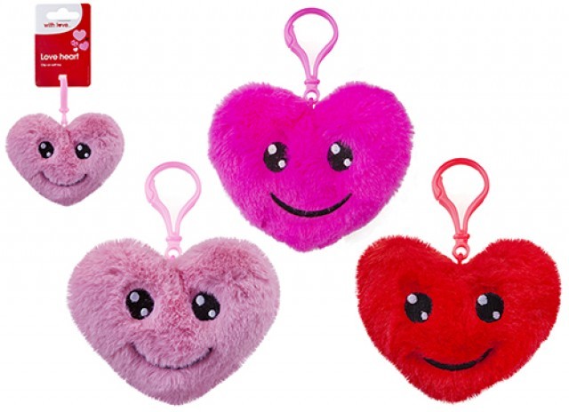 Plush Love Heart with Clip (12cm, Assorted) - Decorative Heart-Shaped Plush in Various Sizes and Colors