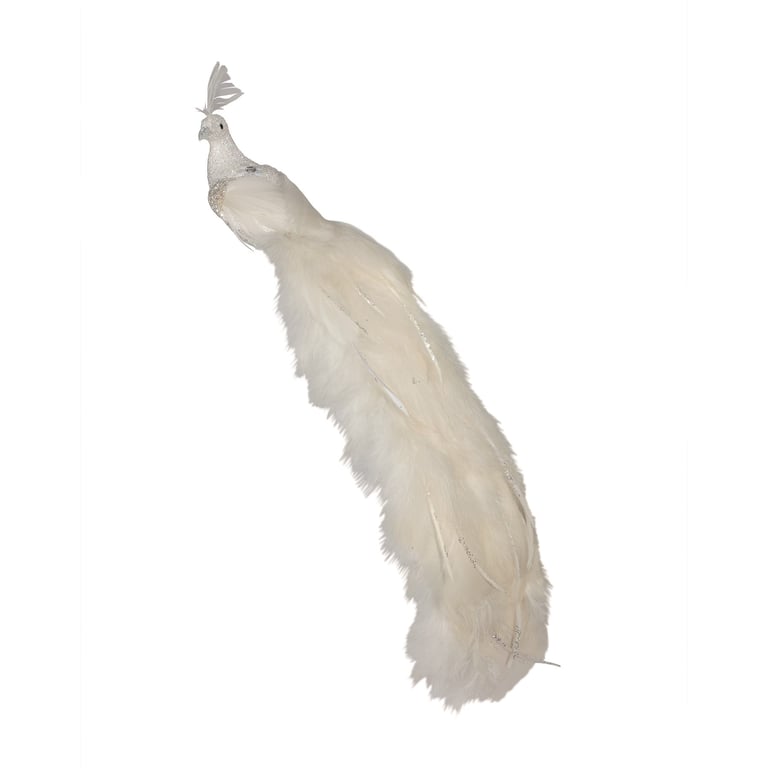 White Peacock Feather with Glitter Trim and 60cm Long Tail, White Clip Included - Fashion Decor Accents
