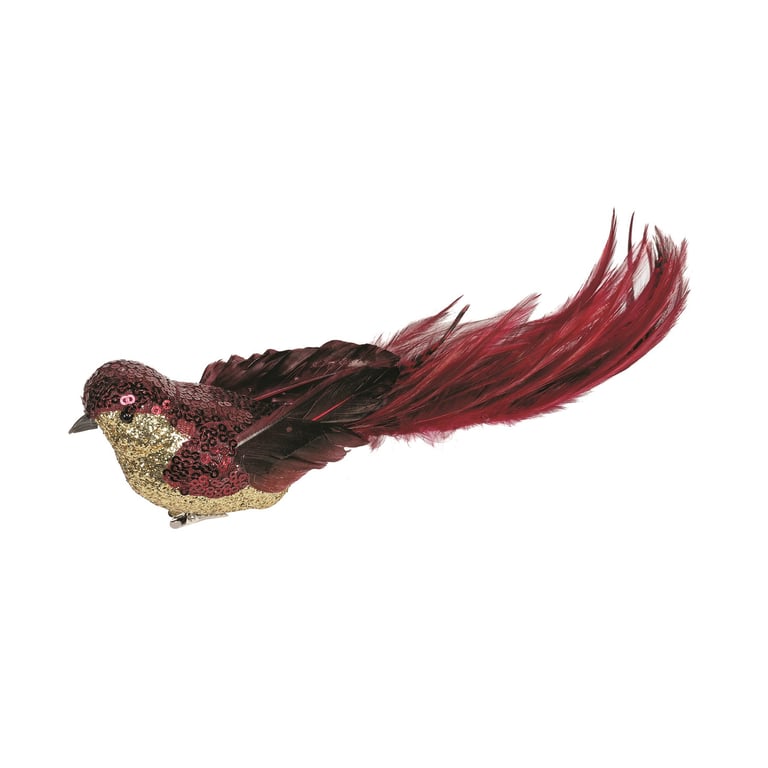Burgundy Sequin & Glitter Feather Bird Decoration, 29cm Home Decor Ornament