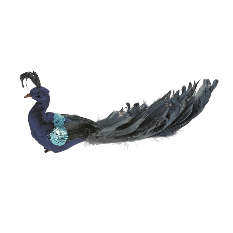 Blue Velvet Peacock (26cm) - Large Home Decor Decoration with Soft Velvet Finish