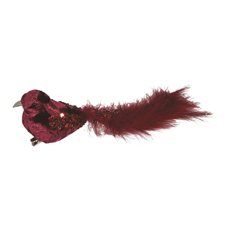 Burgundy Velvet Bird Decoration with Glitter and Clip, 20cm Home Decor Ornament
