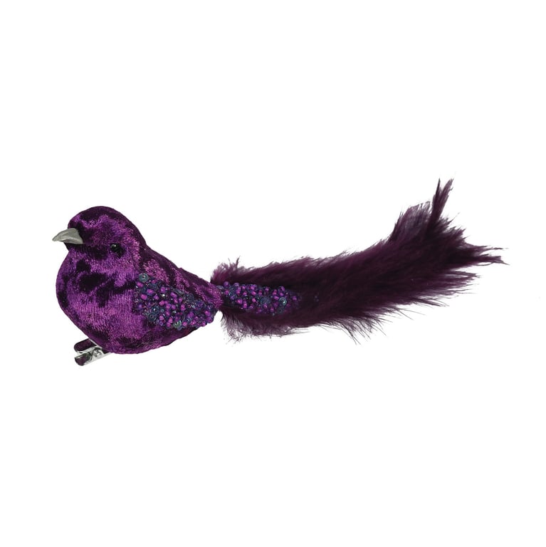 Purple Velvet Bird with Glitter and Clip - 20cm Home Decor Ornament
