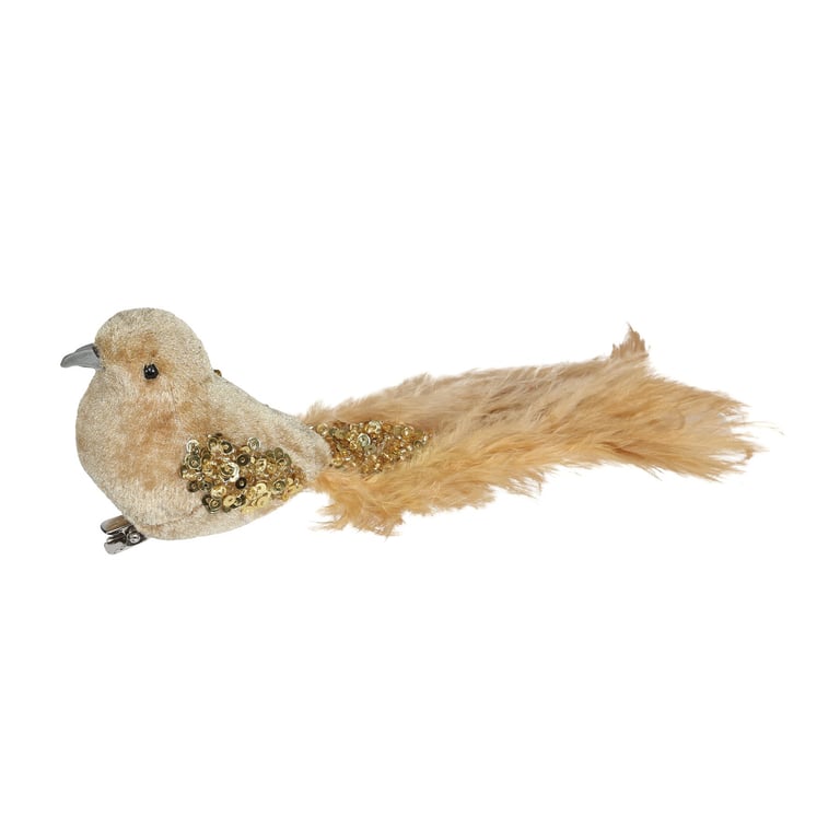 Gold Velvet Bird with Glitter and Clip - 20cm Home Decor Accessory