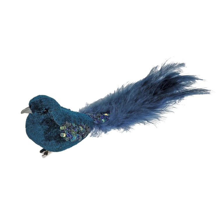 Peacock Blue Velvet Bird with Glitter Decoration Clip, 20cm Home Decor Ornament