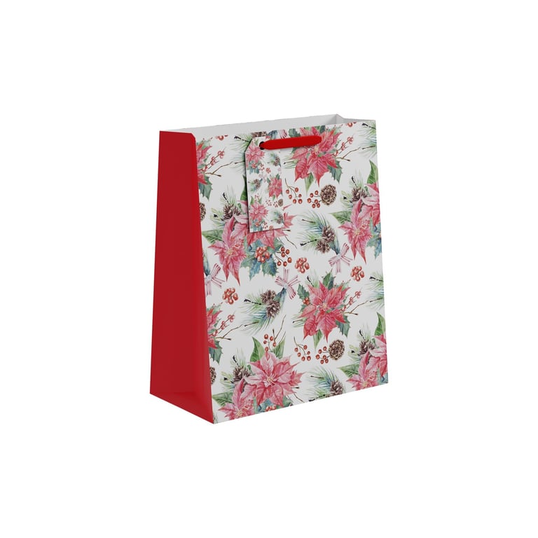 Christmas Poinsettia & Berries Gift Bag - Large Capacity Holiday Decoration with Festive Flair