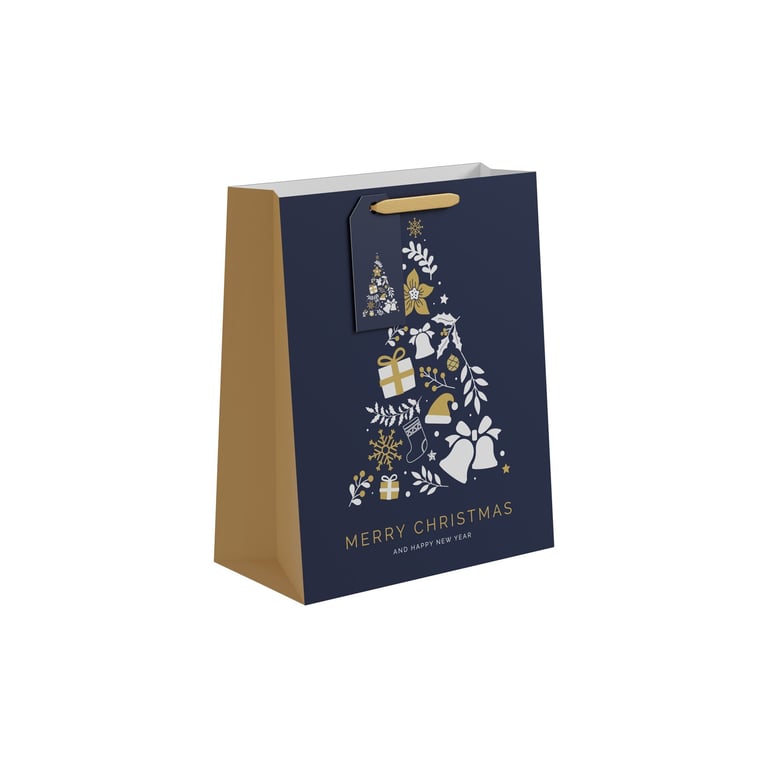 Blue & Gold Christmas Tree Gift Bag - Large, Festive Holiday Decorations for Home Gift Giving