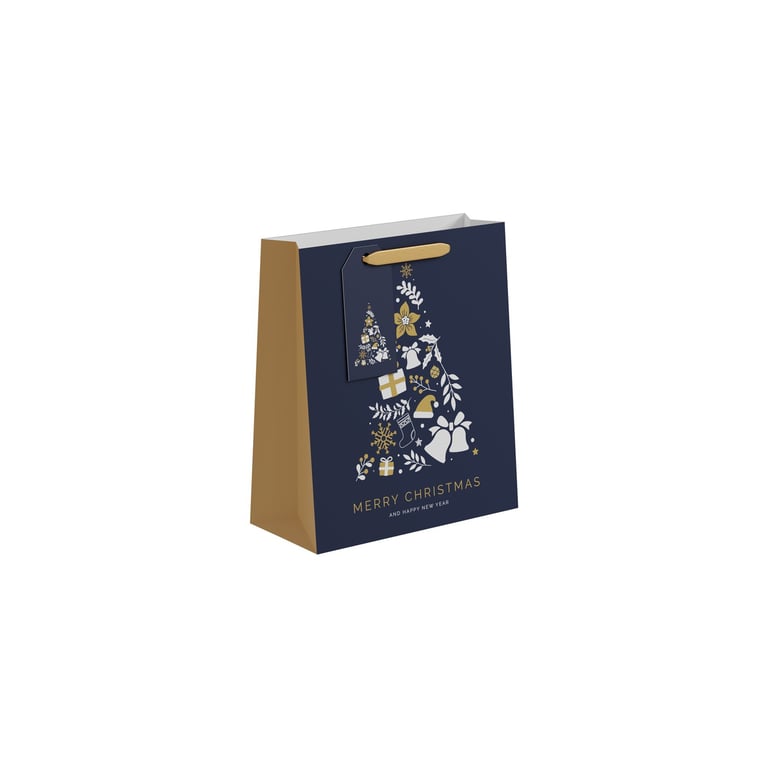 Blue & Gold Christmas Tree Gift Bag - Medium Size Holiday Wrapping Bag