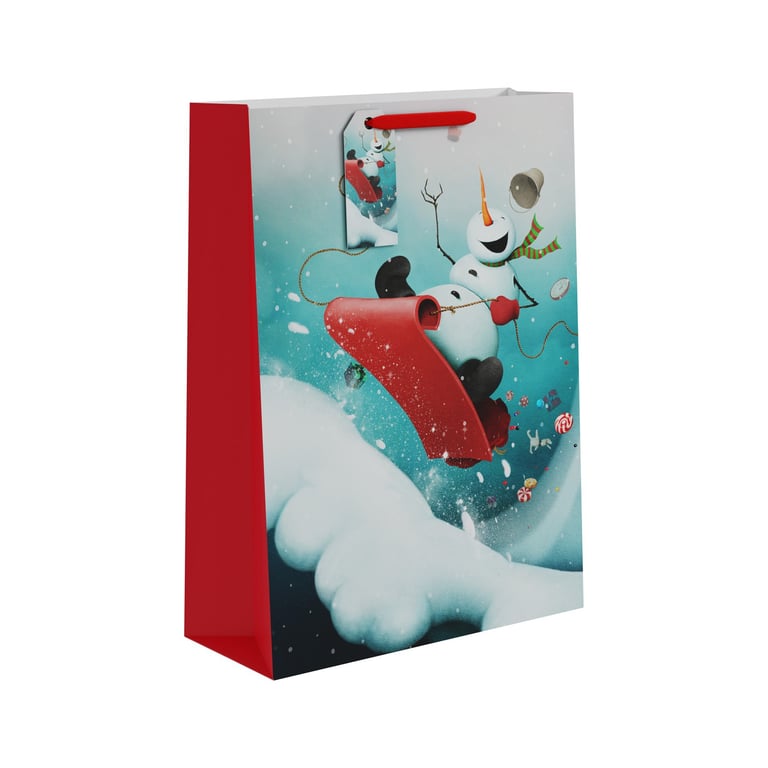 Extra Large Sledging Snowman Gift Bag - Winter Holiday Decor and Home Christmas Decoration Ornament Accents