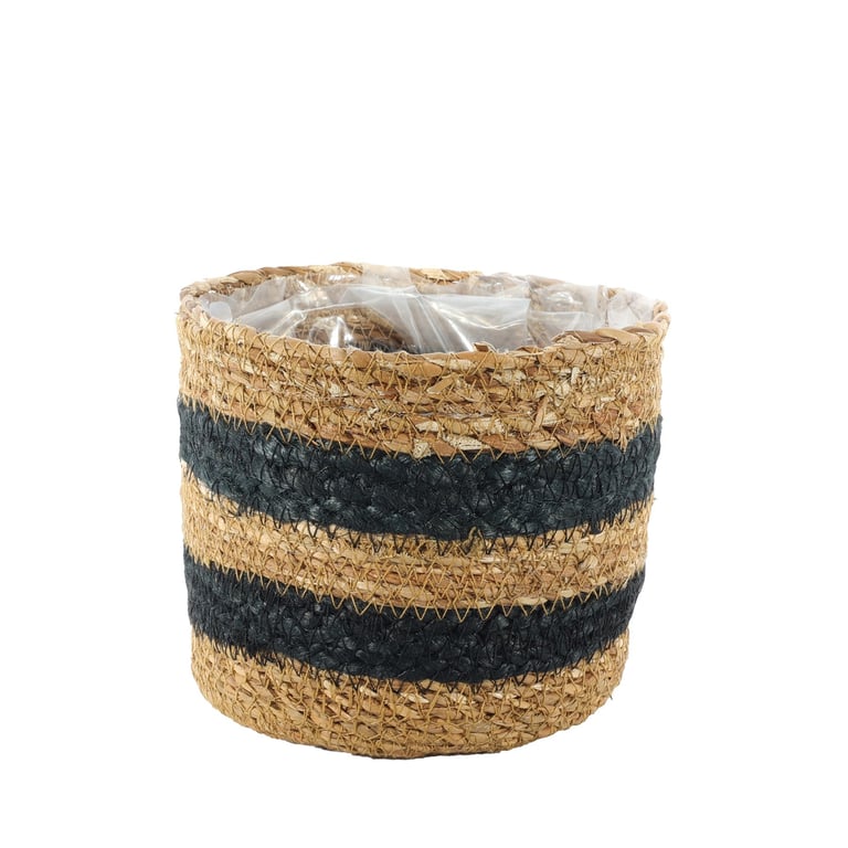 Natural Seagrass Basket with Black Stripes - Eco-Friendly Home Decor and Indoor Plant Holder