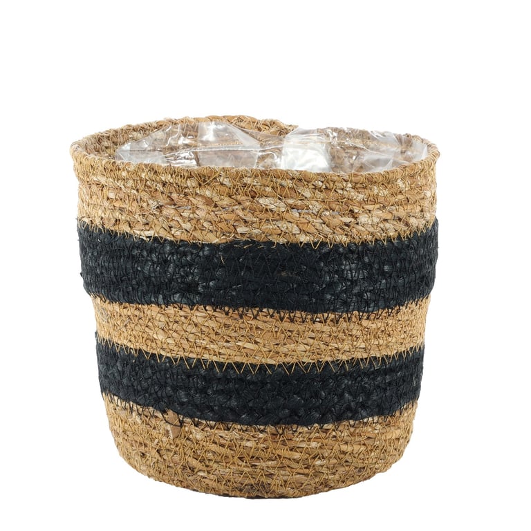 Natural Seagrass Black Striped Storage Basket - 16cm x 18cm Home Decor