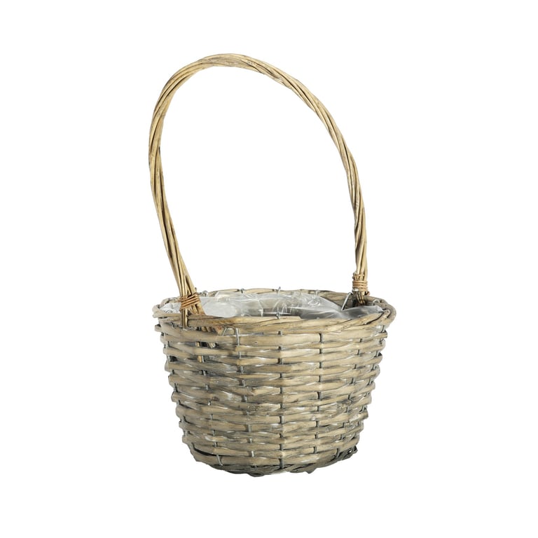 Grey Wash Round Split Willow Basket with Wicker Handle (23cm Dia) - Indoor Storage and Home Decor Solution