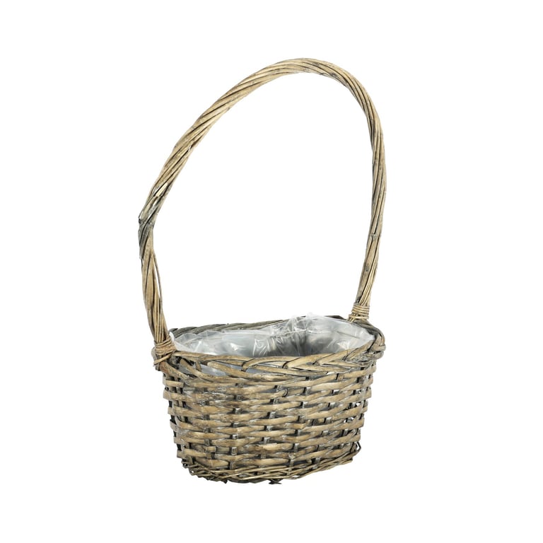 Grey Wash Oval Split Willow Basket with High Handle - Rustic Outdoor Storage and Home Decor