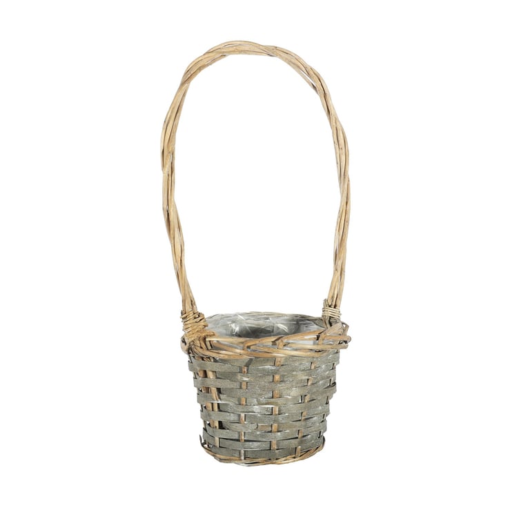 Grey Wash Round Woodchip Basket with Wooden Handle - 16cm Dia Home Decor Accessory