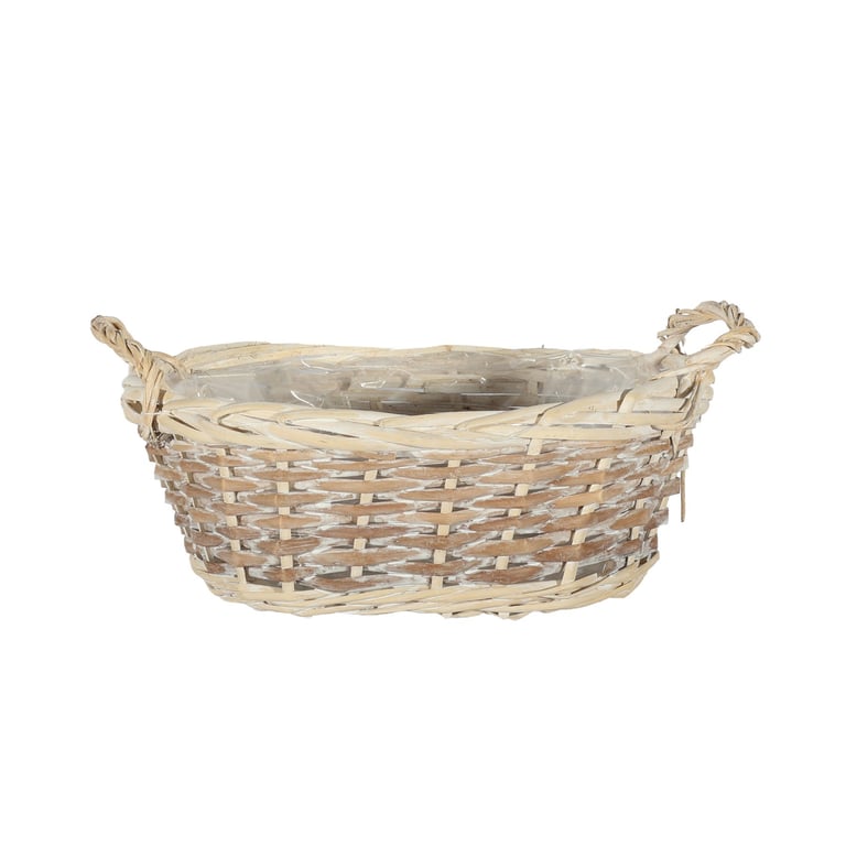 White Wash Finish Two Tone Oval Basket with Ears - Rustic Home Decor Wicker Storage Container