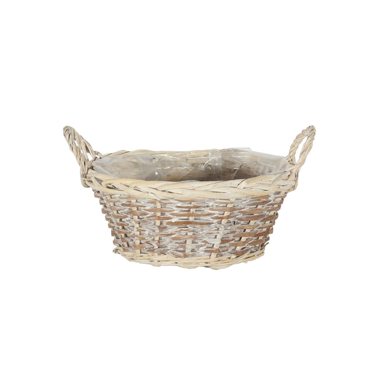 White Wash Finish Two Tone Round Basket with Ears - Rustic Home Decor Wicker Storage Basket
