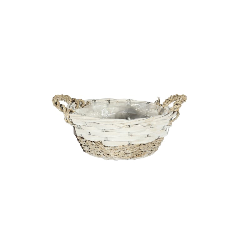 Two Tone Round Softwood & Seagrass Basket with Ears - Woven Home Decor Rustic Basket
