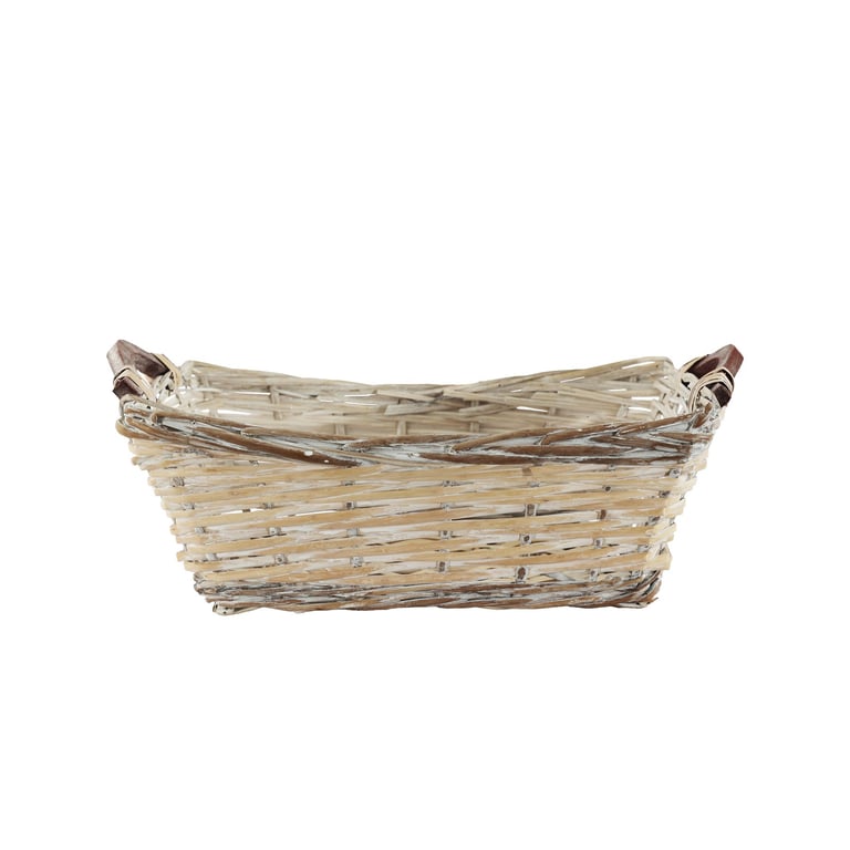 White Wash Rectangle Woven Basket with Handles - Medium Size Home Decor Storage