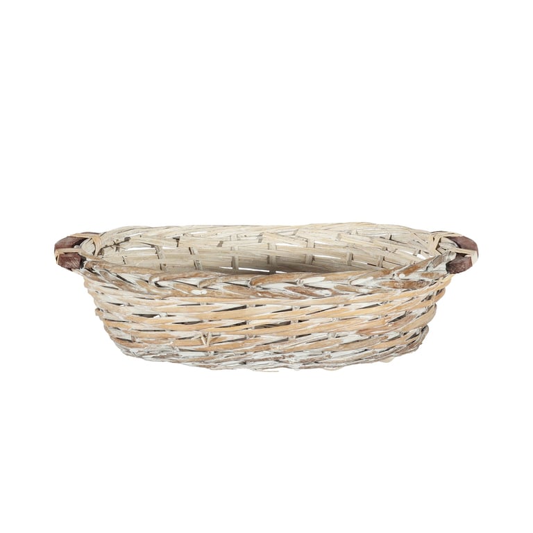 White Wash Oval Woven Tray Basket with Handles - Elegant Home Decor Storage and Indoor Plant Holder