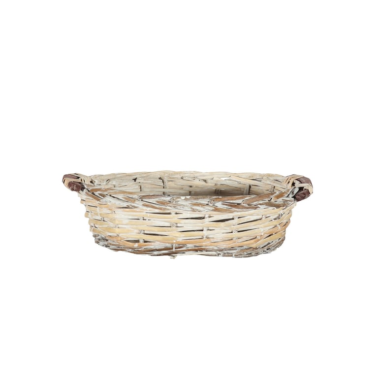 White Wash Oval Woven Tray Basket with Handles - Small Home Decor Accent
