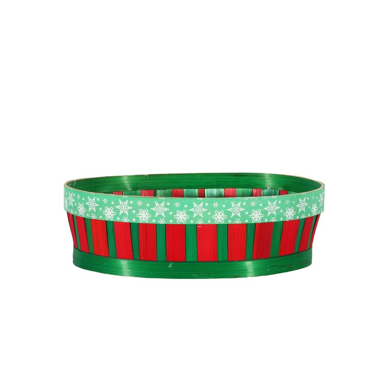 Green Wooden Oval Drum Tray Planter with Red Snowflake Design