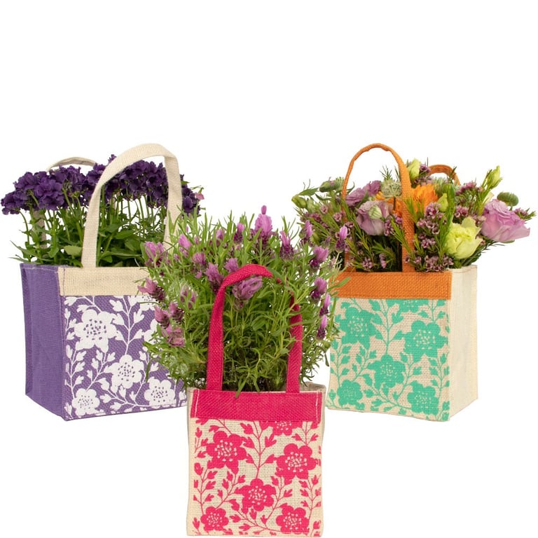 Colourful Bold Blooms Jute Plant Bags - Handcrafted Home Decor Planters with Gardening Baskets