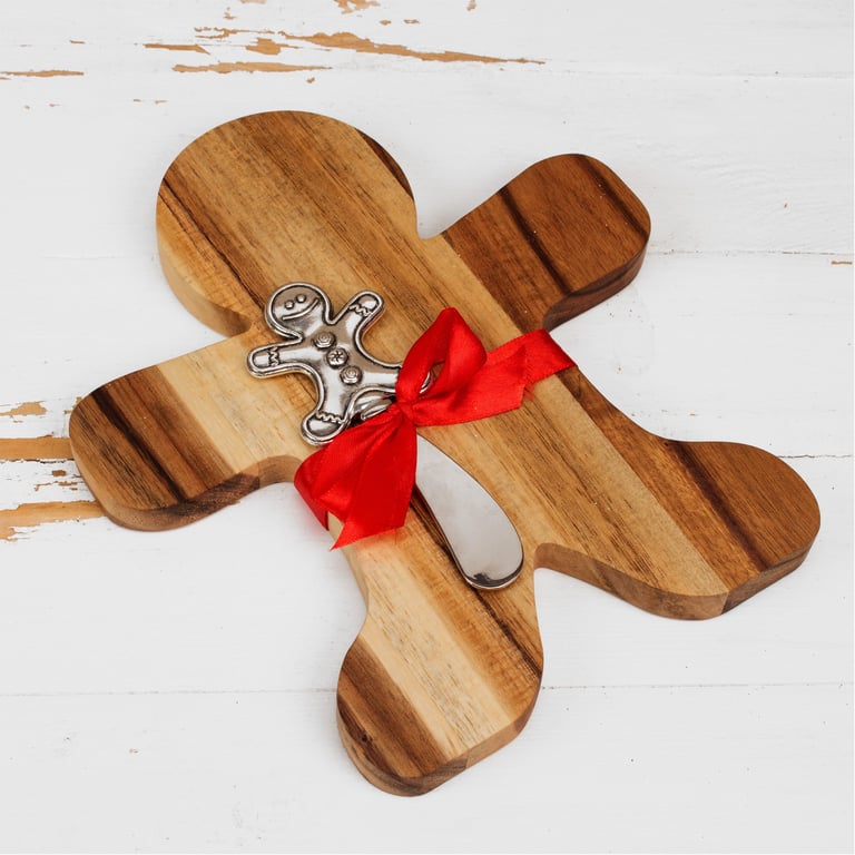 Acacia Wooden Gingerbread Man Cheeseboard & Knife Set - Elegant Home Decor Gift for Holiday Entertaining